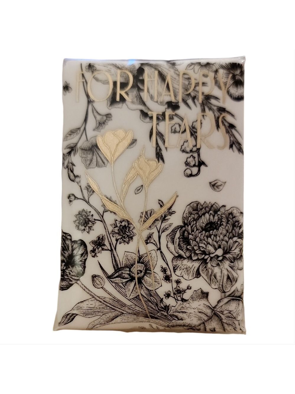 Floral Black & White w/Gold Decorative Print "For Happy Tears" Wedding Tissues
